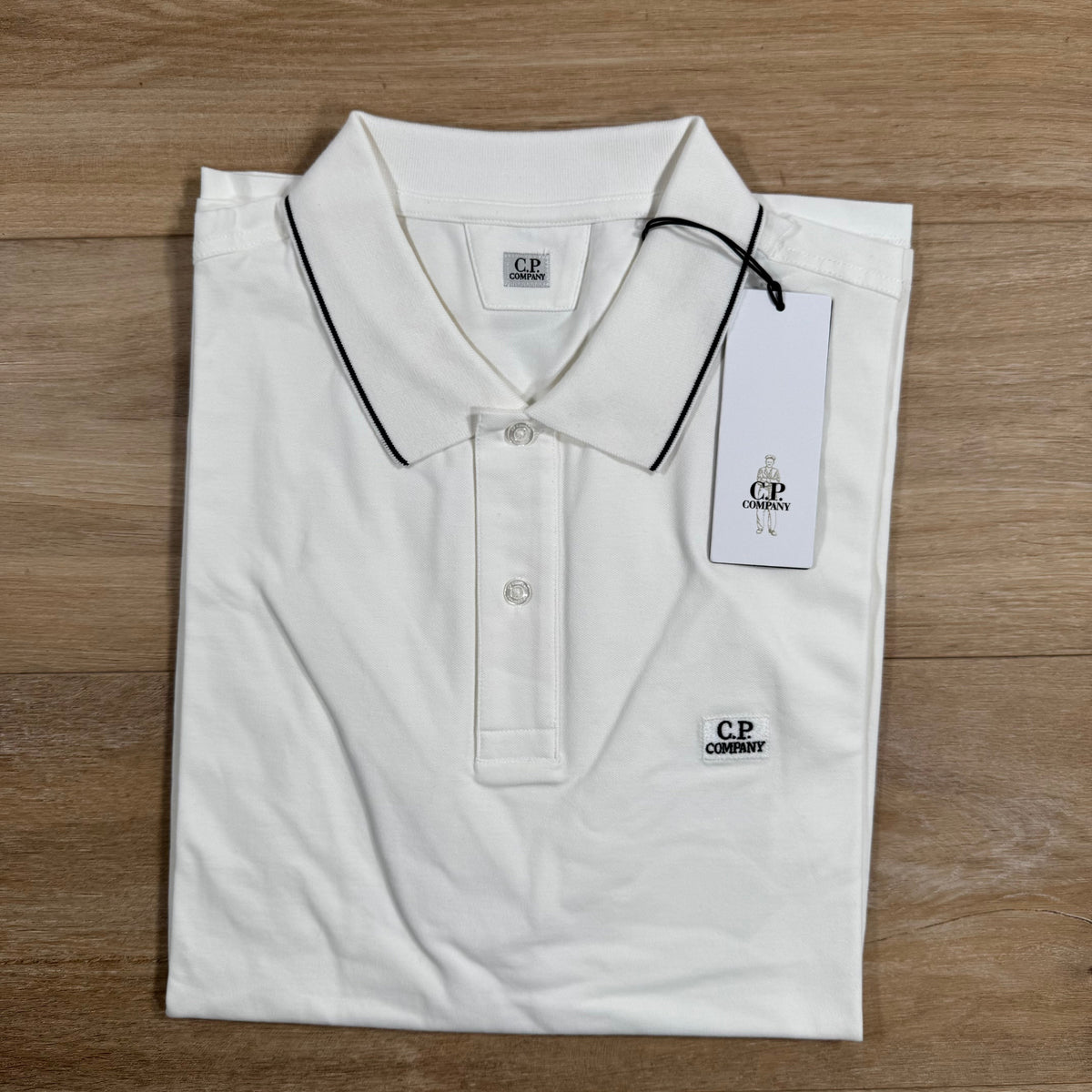 C.P. Company Stretch Piquet Striped Collar Polo Shirt in Gauze White