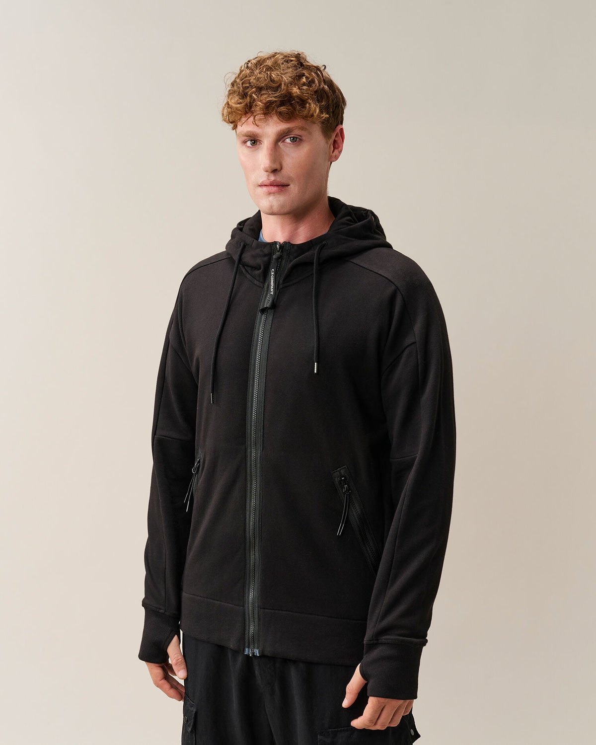 C.P. Company Diagonal Raised Fleece Goggle Hoodie in Black
